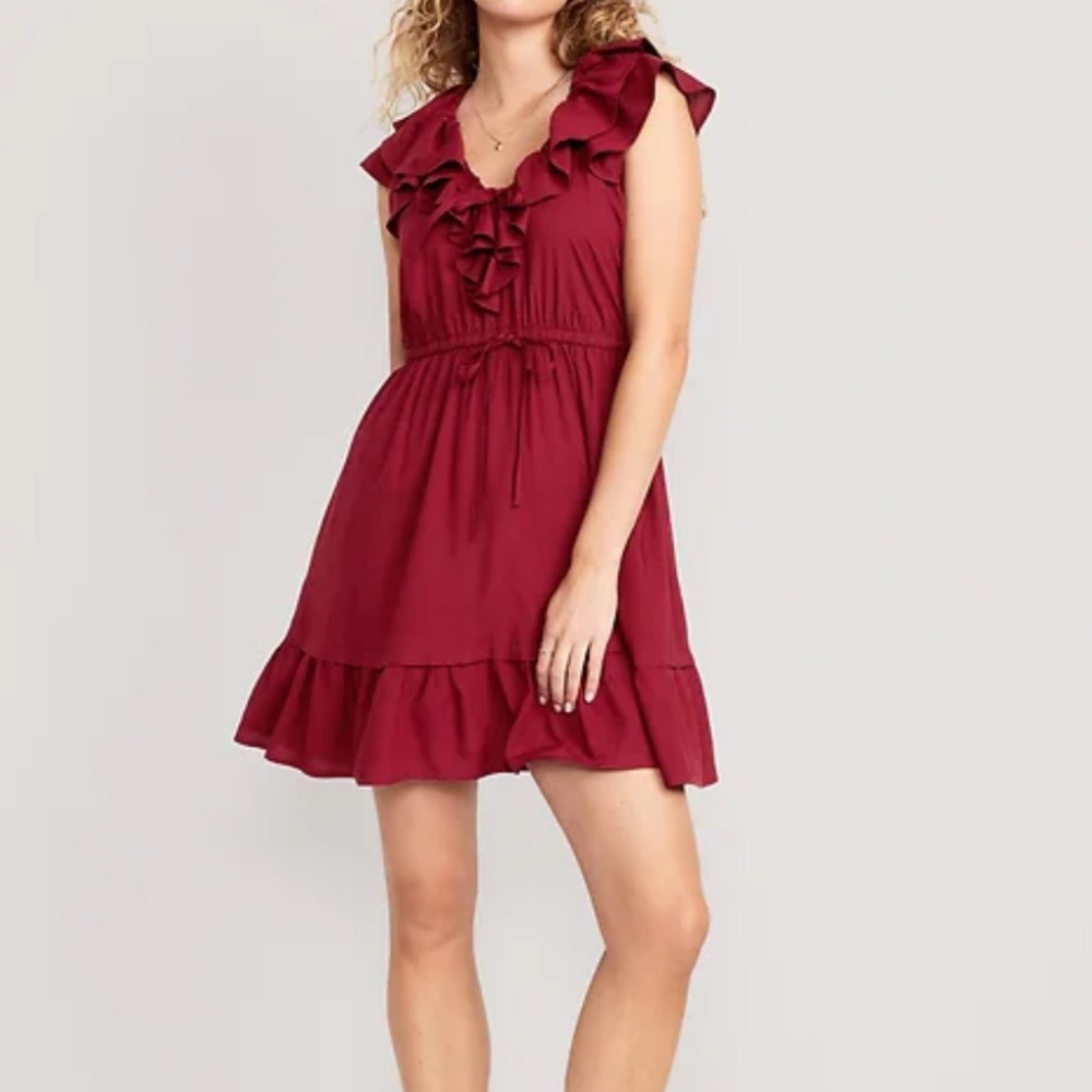 Old Navy Waist-Defined Ruffle Trim Mini Dress Burgundy Size XL